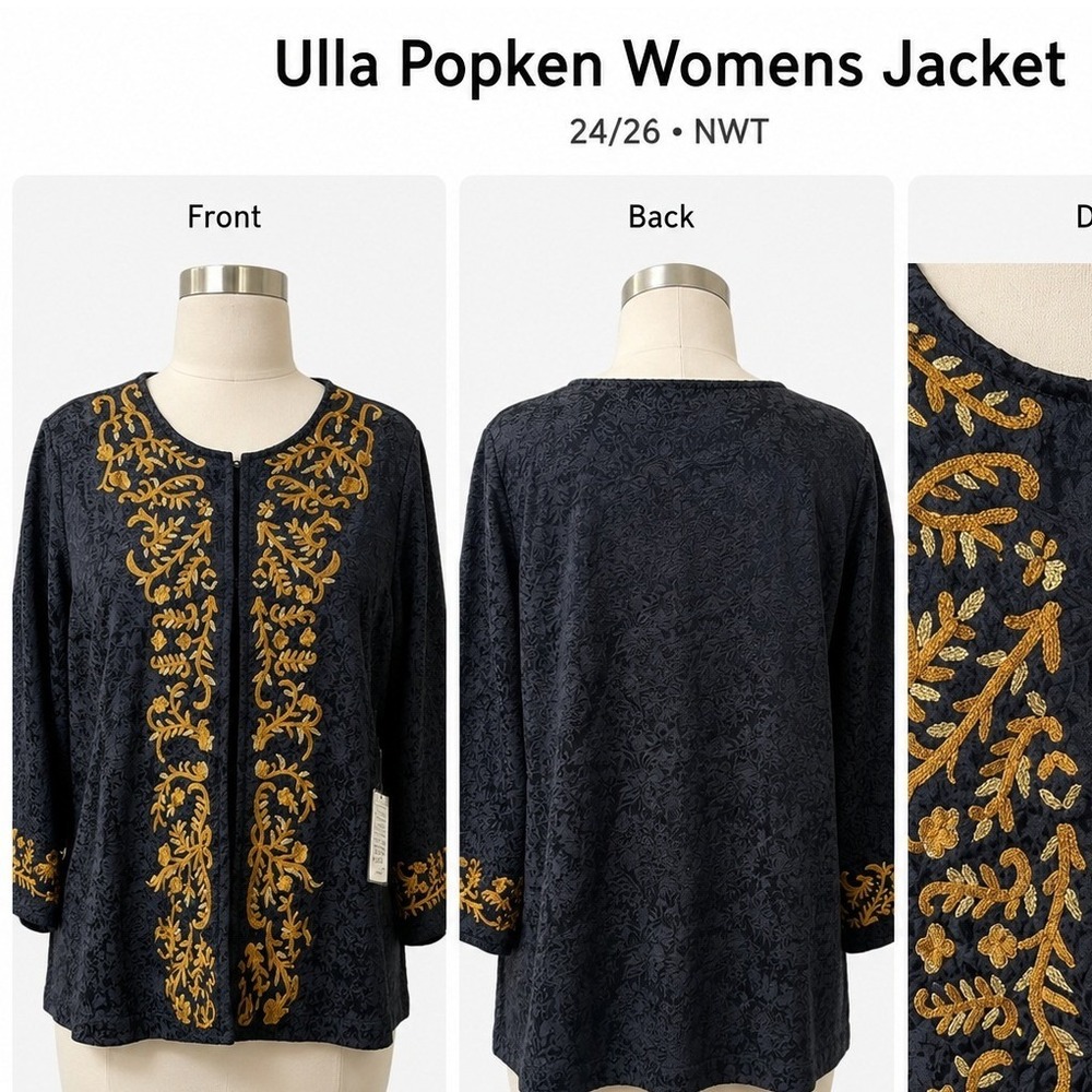 Ulla Popken Womens Black Gold Embroidered Damask Jacquard Jacket 24/26 NWT 35327